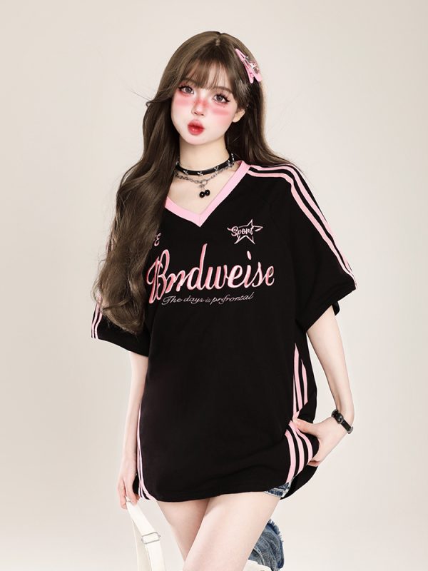 Women's Oversized Color-Block V-Neck T-Shirt - Retro Casual Summer Short Sleeve Top