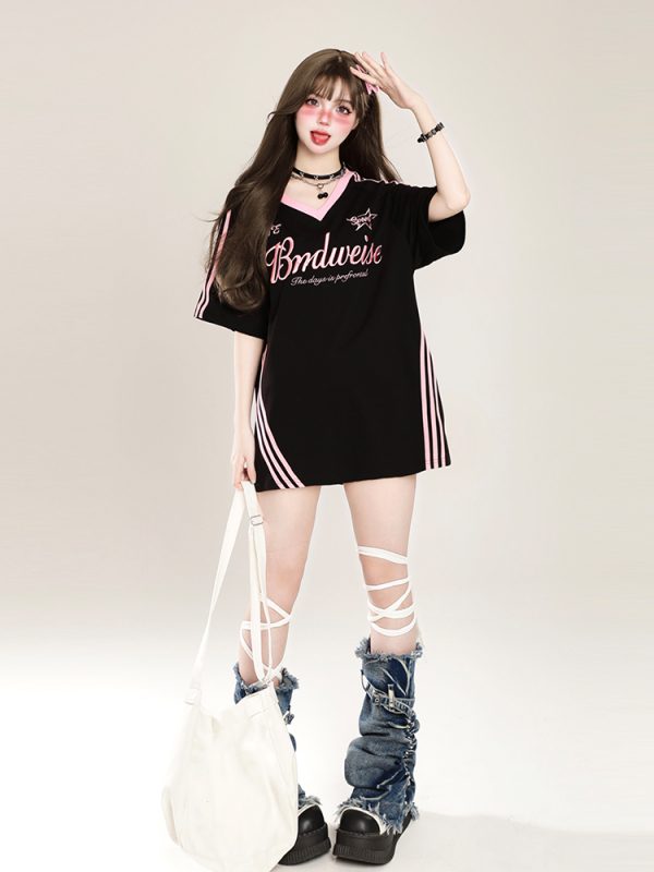 Women's Oversized Color-Block V-Neck T-Shirt - Retro Casual Summer Short Sleeve Top