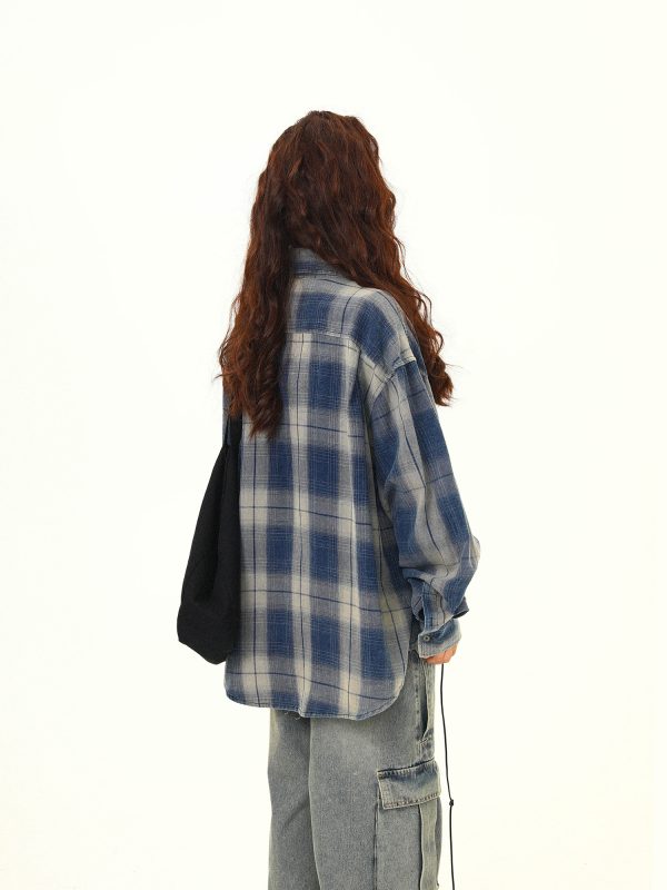 Women's Oversized Plaid Shirt - Retro American Street Style, Loose Fit Checkered Top for Autumn Fashion