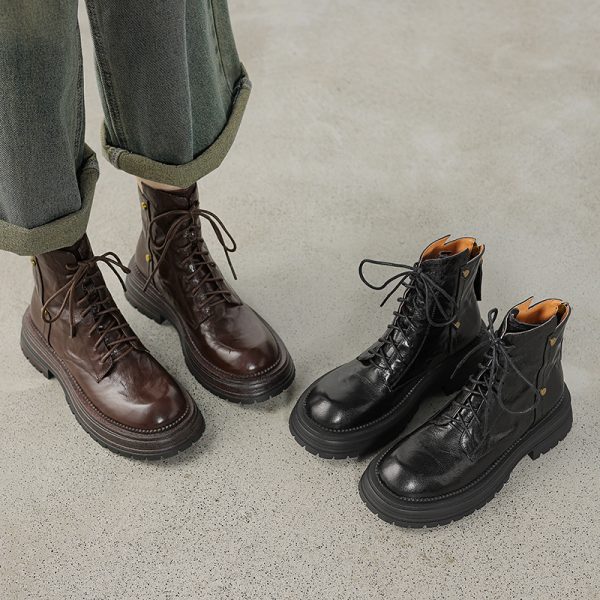 Women's Retro British Style Lace-Up Ankle Boots in Genuine Leather - Thick-Soled Martin Boots for Autumn and Winter Fashion