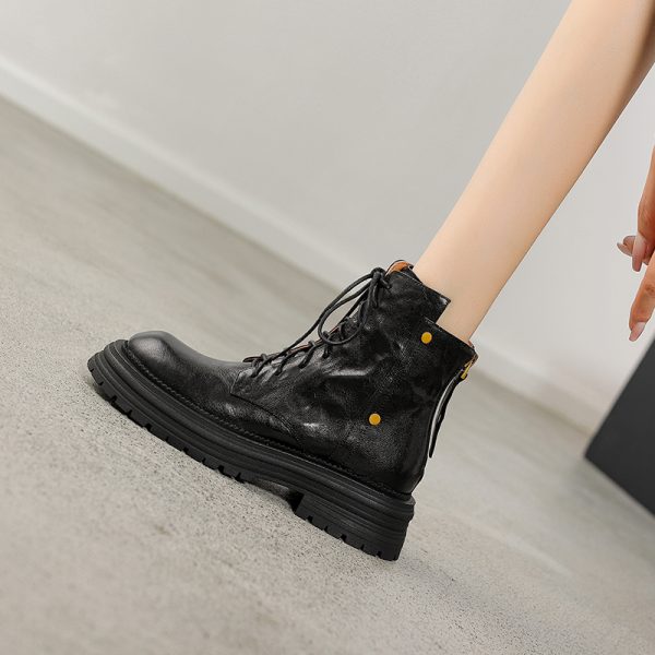 Women's Retro British Style Lace-Up Ankle Boots in Genuine Leather - Thick-Soled Martin Boots for Autumn and Winter Fashion