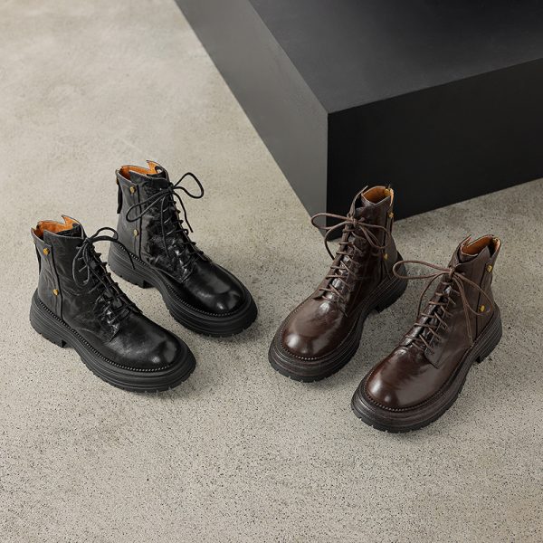 Women's Retro British Style Lace-Up Ankle Boots in Genuine Leather - Thick-Soled Martin Boots for Autumn and Winter Fashion