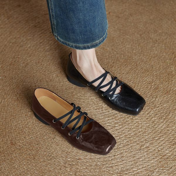 Women's Retro French Mary Jane Ballet Flats - Genuine Leather, Square Toe, Cross Strap, Mid-Heel, Vintage Style