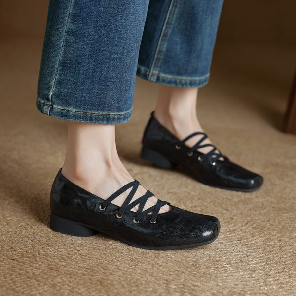 Women's Retro French Mary Jane Ballet Flats - Genuine Leather, Square Toe, Cross Strap, Mid-Heel, Vintage Style