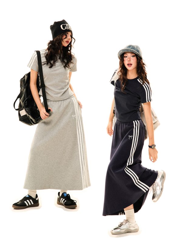 Women's Retro Sports Set with Three Stripes, Short Sleeve T-Shirt and High Waist Draped Mid-Length Skirt - Summer Style
