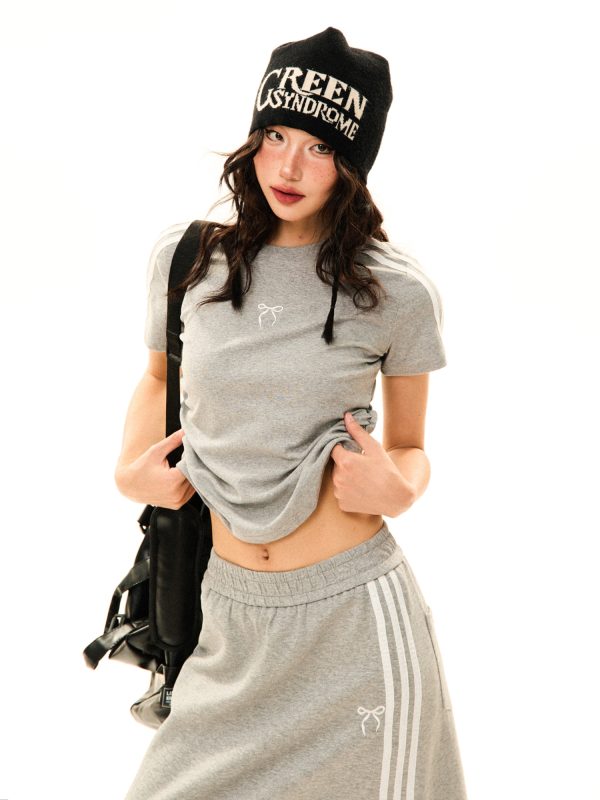 Women's Retro Sports Set with Three Stripes, Short Sleeve T-Shirt and High Waist Draped Mid-Length Skirt - Summer Style