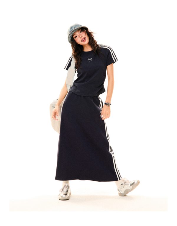 Women's Retro Sports Set with Three Stripes, Short Sleeve T-Shirt and High Waist Draped Mid-Length Skirt - Summer Style