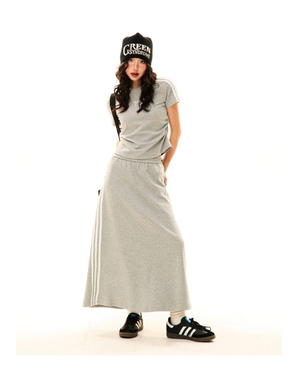 Women's Retro Sports Set with Three Stripes, Short Sleeve T-Shirt and High Waist Draped Mid-Length Skirt - Summer Style