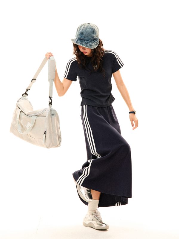 Women's Retro Sports Set with Three Stripes, Short Sleeve T-Shirt and High Waist Draped Mid-Length Skirt - Summer Style
