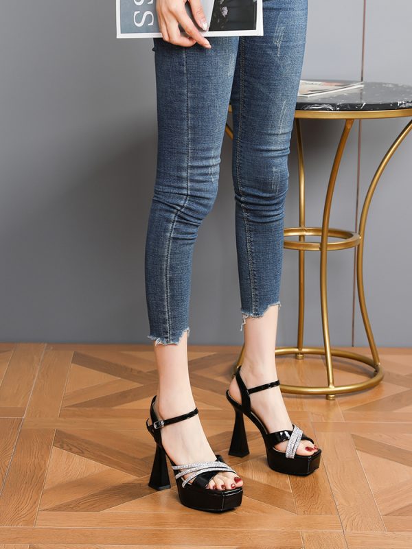 Women's Rhinestone Square Toe One-Strap High Heels - Thick-Soled Waterproof Platform Sandals for Summer Versatility