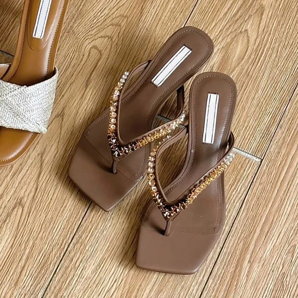 Women's Sheepskin Flip-Flops with Rhinestones, Square-Toed High-Heeled Sandals, Casual Vacation Style, French Elegance