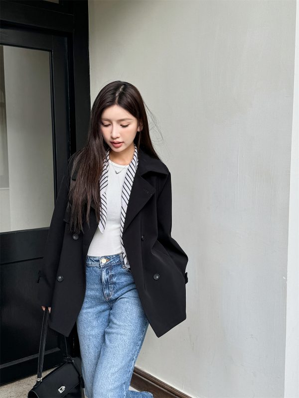 Women's Short Black Windbreaker Coat with Waist Tie, Casual Cardigan Style, Lapel Collar, Long Sleeves for Spring and Autumn