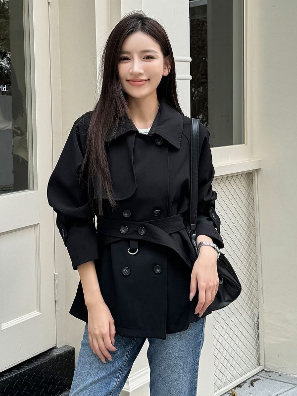 Women's Short Black Windbreaker Coat with Waist Tie, Casual Cardigan Style, Lapel Collar, Long Sleeves for Spring and Autumn