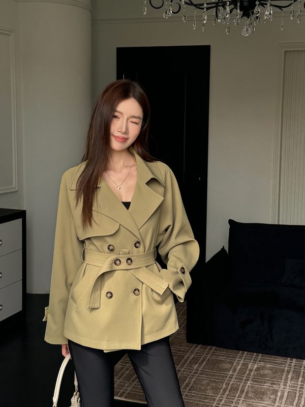 Women's Short Black Windbreaker Coat with Waist Tie, Casual Cardigan Style, Lapel Collar, Long Sleeves for Spring and Autumn