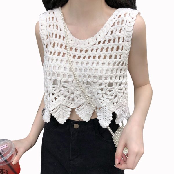 Women's Sleeveless Lace Crop Top - Retro Knitted Hollow-Out Design with Sexy Crochet Details, Perfect for Y2K and Summer Style