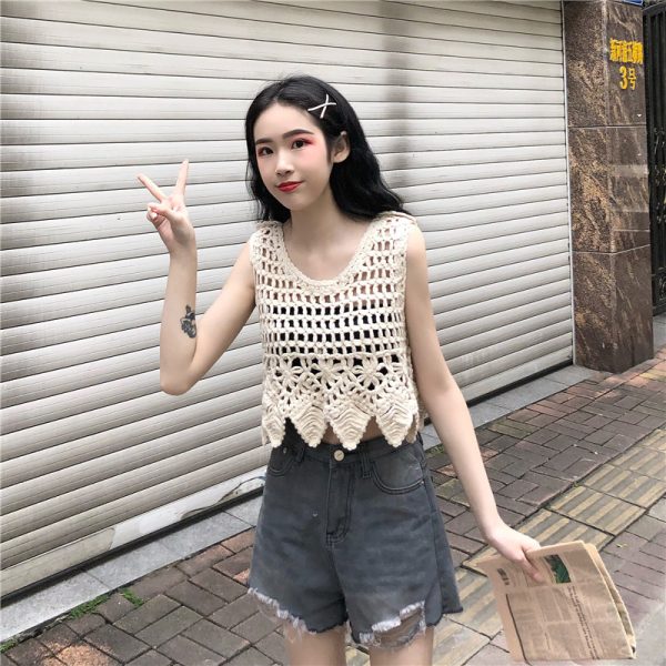 Women's Sleeveless Lace Crop Top - Retro Knitted Hollow-Out Design with Sexy Crochet Details, Perfect for Y2K and Summer Style