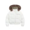 Women's Slim-Fit Black and White Short Cotton Coat with Removable Fur Collar for Winter Fashion