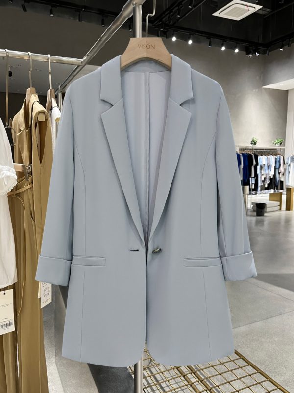 Womenâ€™s Slim Fit Blue Blazer Jacket with Seven-Point Sleeves - Trendy Spring/Summer Commuter Style 2025