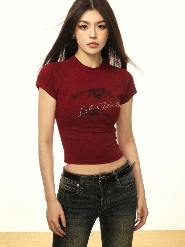 Women's Slim-Fit Cropped T-Shirt, American Style, Short Sleeve, Spicy Girl Design, Summer 2025 Fashion, Trendy Casual Top