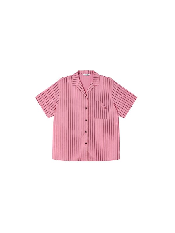 Women's Solid Color Striped Shirt with Folded Corner Pocket, Loose Cuban Collar, Summer 2025 Casual Style