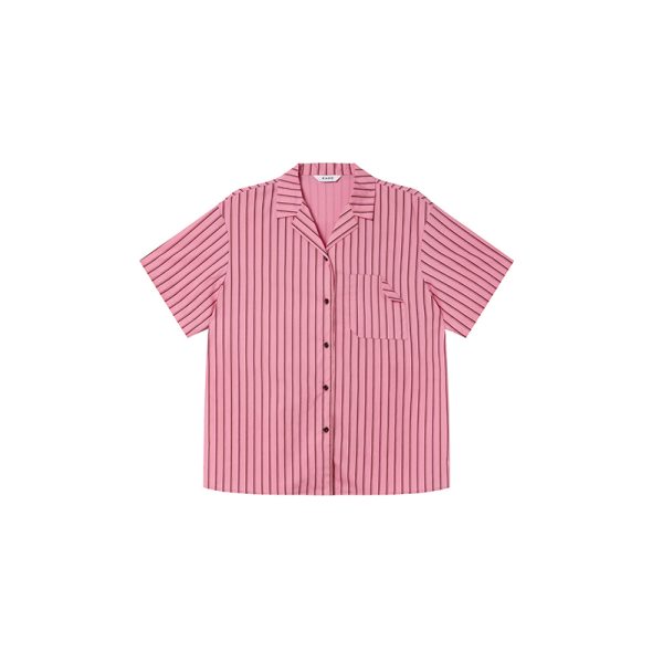 Women's Solid Color Striped Shirt with Folded Corner Pocket, Loose Cuban Collar, Summer 2025 Casual Style