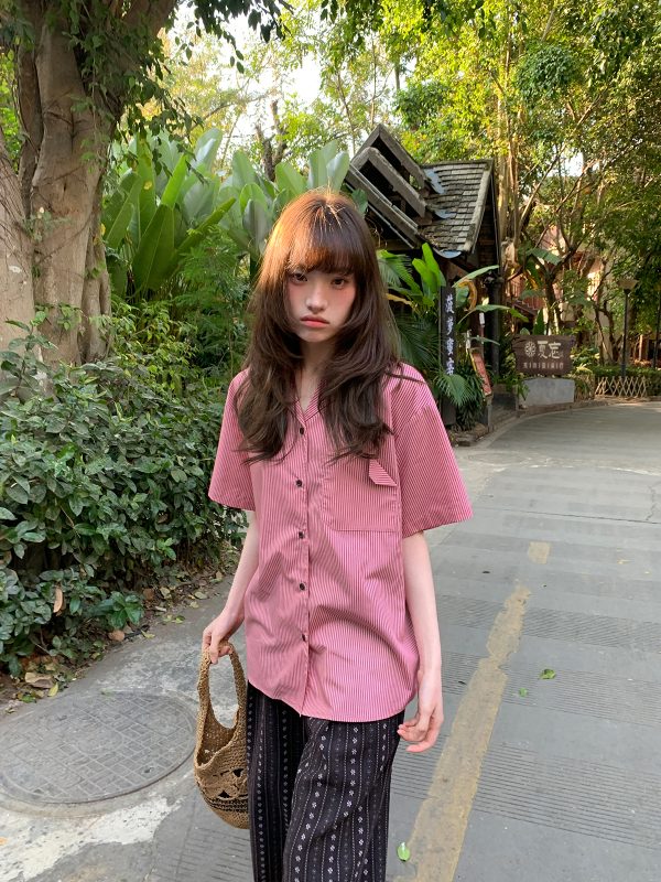 Women's Solid Color Striped Shirt with Folded Corner Pocket, Loose Cuban Collar, Summer 2025 Casual Style