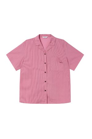 Women's Solid Color Striped Shirt with Folded Corner Pocket, Loose Cuban Collar, Summer 2025 Casual Style