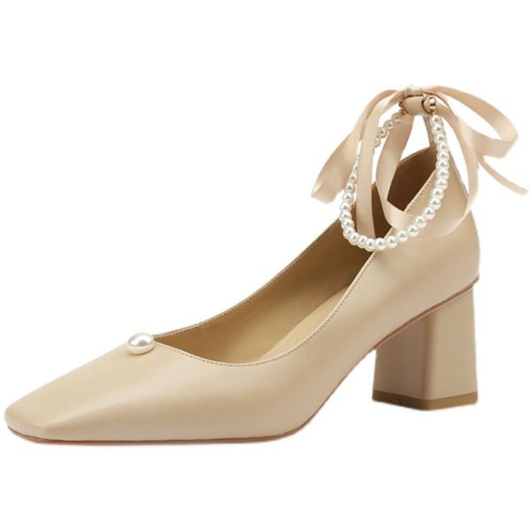 Women's Spring High Heels Mary Jane Shoes with Pearl Buckle and Lace-Up Details - Stylish Italian Design for Elegant Outfits
