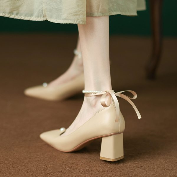 Women's Spring High Heels Mary Jane Shoes with Pearl Buckle and Lace-Up Details - Stylish Italian Design for Elegant Outfits