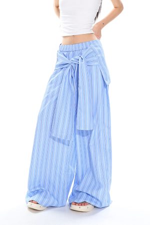 Women's Spring Summer Striped Tie Fake Shirt Casual Wide-Leg Pants - Floor-Length Loose Fit for Commuter Style