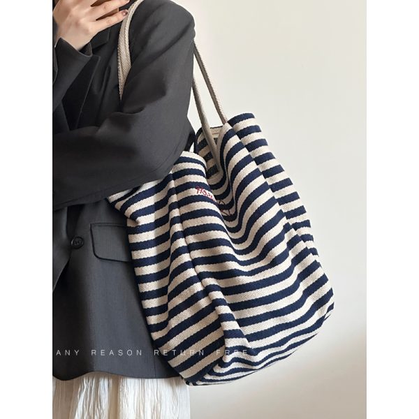 Women's Striped Canvas Tote Bag 2024 - Large Capacity Shoulder Bag for Students, Casual Commuting, Everyday Use