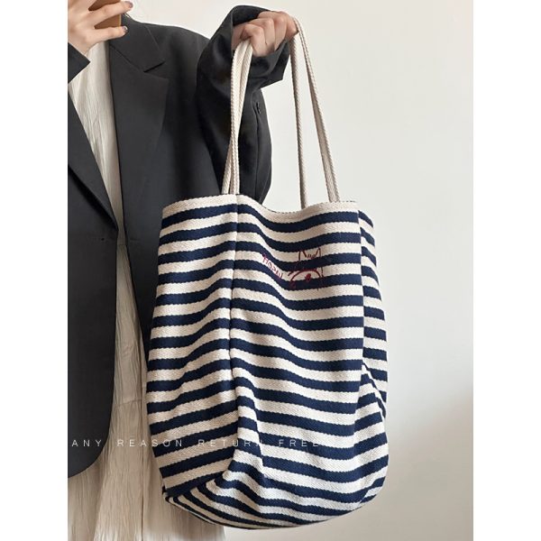 Women's Striped Canvas Tote Bag 2024 - Large Capacity Shoulder Bag for Students, Casual Commuting, Everyday Use