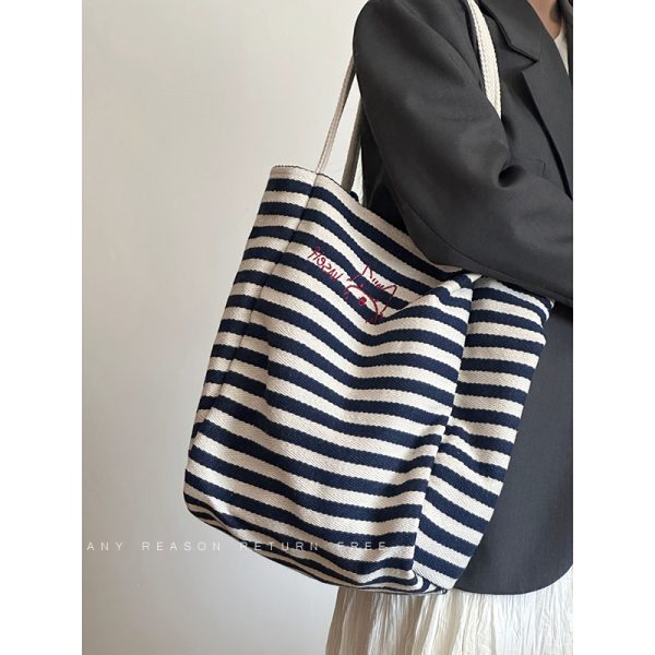 Women's Striped Canvas Tote Bag 2024 - Large Capacity Shoulder Bag for Students, Casual Commuting, Everyday Use
