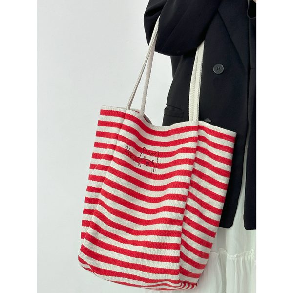 Women's Striped Canvas Tote Bag 2024 - Large Capacity Shoulder Bag for Students, Casual Commuting, Everyday Use