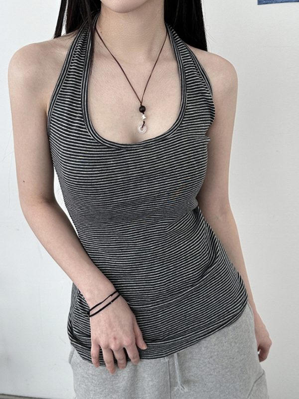 Women's Striped Halter Neck Backless Tank Top - Casual Slim Fit Summer Camisole for Versatile 90s Y2K Style