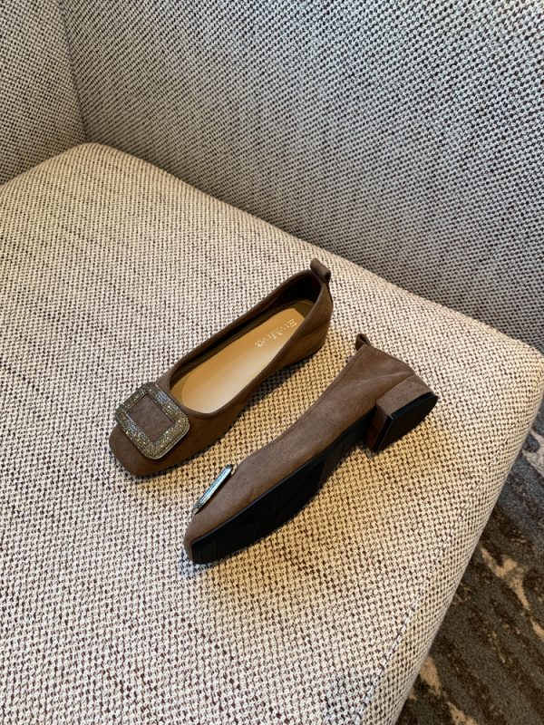 Women's Suede Flats with Rhinestone Square Buckle, Spring 2025 Style, Shallow Mouth Square Toe, Trendy Footwear