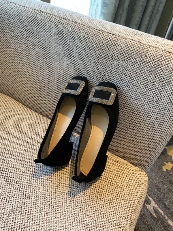 Women's Suede Flats with Rhinestone Square Buckle, Spring 2025 Style, Shallow Mouth Square Toe, Trendy Footwear