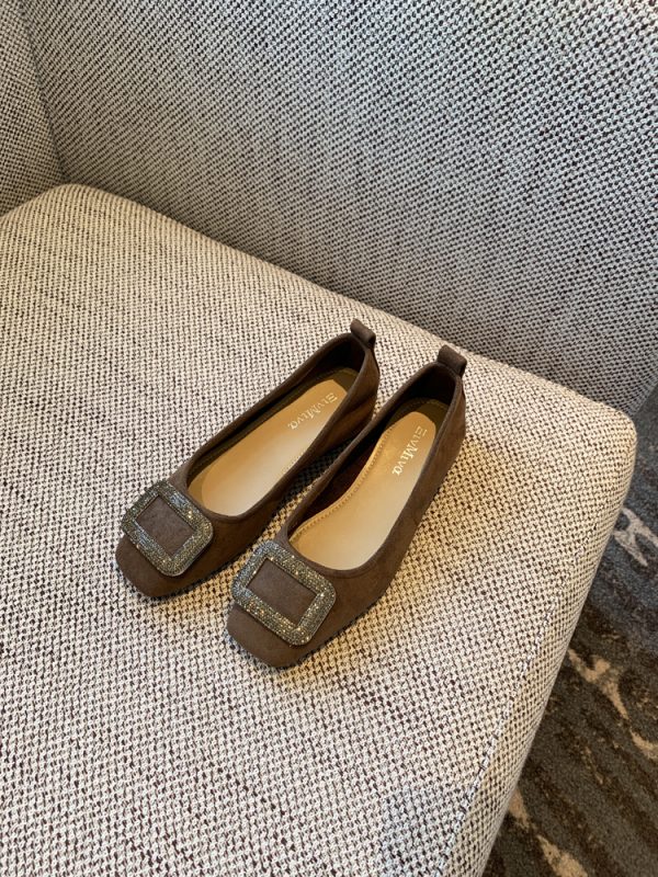 Women's Suede Flats with Rhinestone Square Buckle, Spring 2025 Style, Shallow Mouth Square Toe, Trendy Footwear