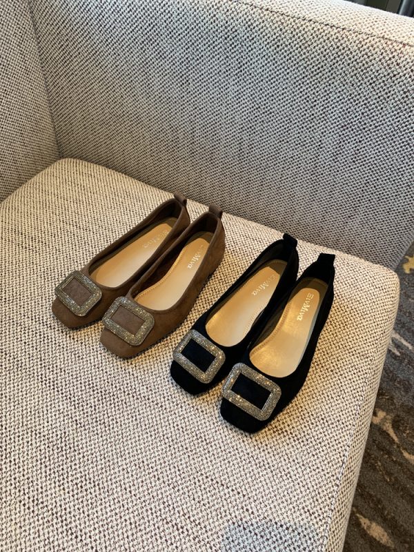 Women's Suede Flats with Rhinestone Square Buckle, Spring 2025 Style, Shallow Mouth Square Toe, Trendy Footwear