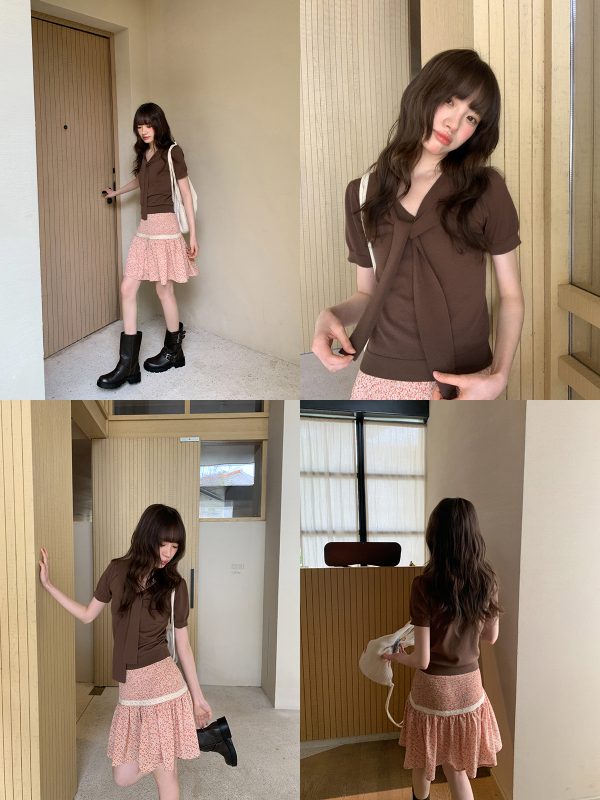 Women's Summer 2025 Irregular Flowing Tie-Knit V-Neck Short Sleeve T-Shirt - Trendy French Style