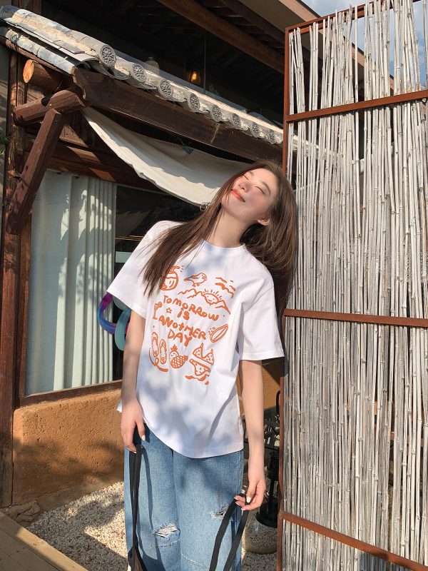 Women's Summer 2025 Loose Slim Round Neck Printed T-Shirt - Simple Element Design, Short Sleeve, Casual Style