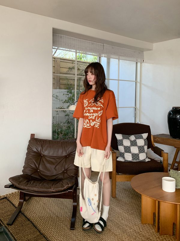 Women's Summer 2025 Loose Slim Round Neck Printed T-Shirt - Simple Element Design, Short Sleeve, Casual Style