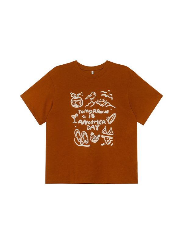Women's Summer 2025 Loose Slim Round Neck Printed T-Shirt - Simple Element Design, Short Sleeve, Casual Style