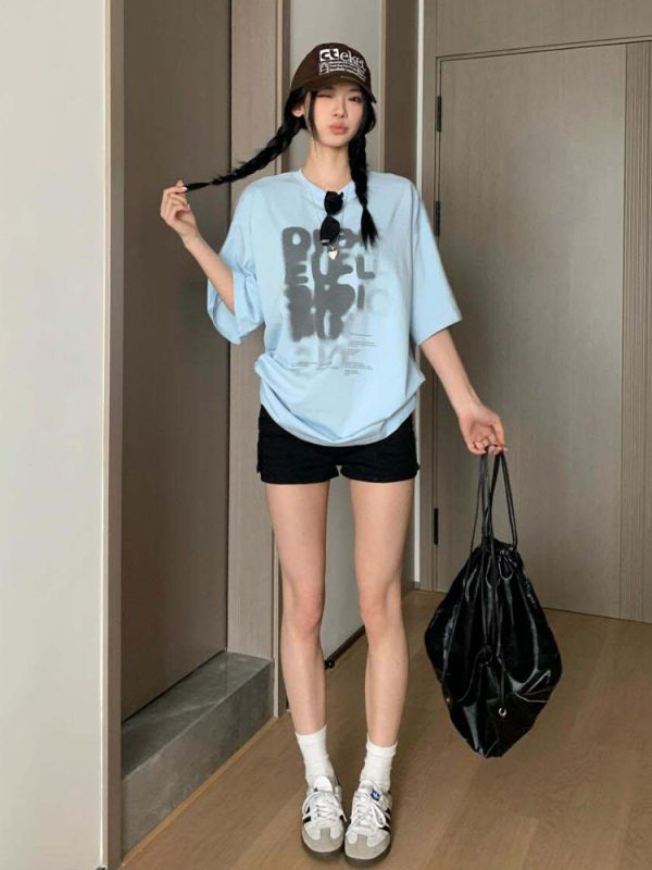 Women's Summer Color-Block Blue Letter Printed Round Neck T-Shirt - Retro College Style Loose Fit Pure Cotton Top