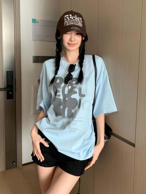 Women's Summer Color-Block Blue Letter Printed Round Neck T-Shirt - Retro College Style Loose Fit Pure Cotton Top
