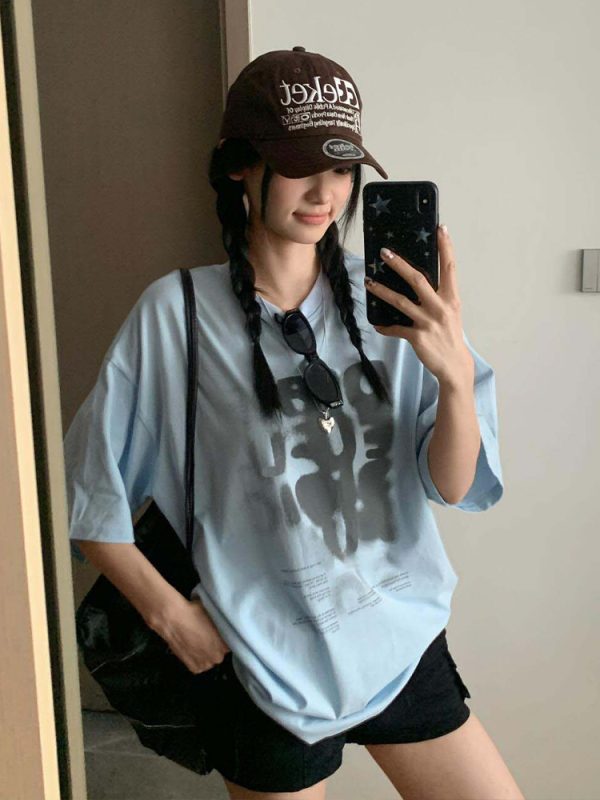 Women's Summer Color-Block Blue Letter Printed Round Neck T-Shirt - Retro College Style Loose Fit Pure Cotton Top
