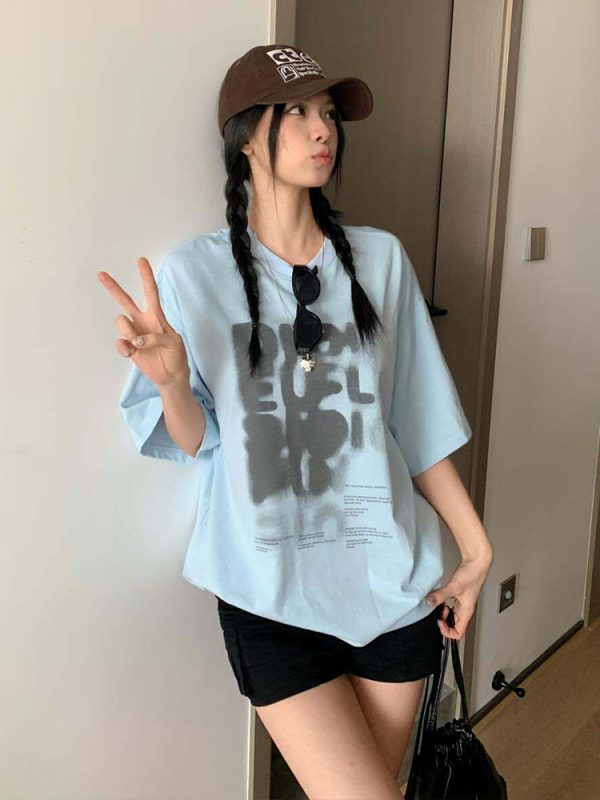 Women's Summer Color-Block Blue Letter Printed Round Neck T-Shirt - Retro College Style Loose Fit Pure Cotton Top