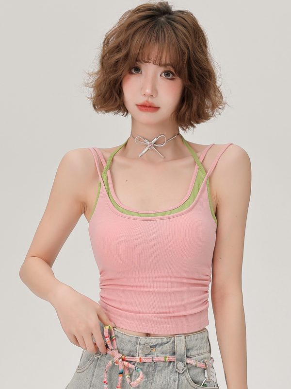 Women's Summer Fake Two-Piece Camisole with Chest Pads, Double Shoulder Straps, Sweet Spicy Inner Outer Wear Top
