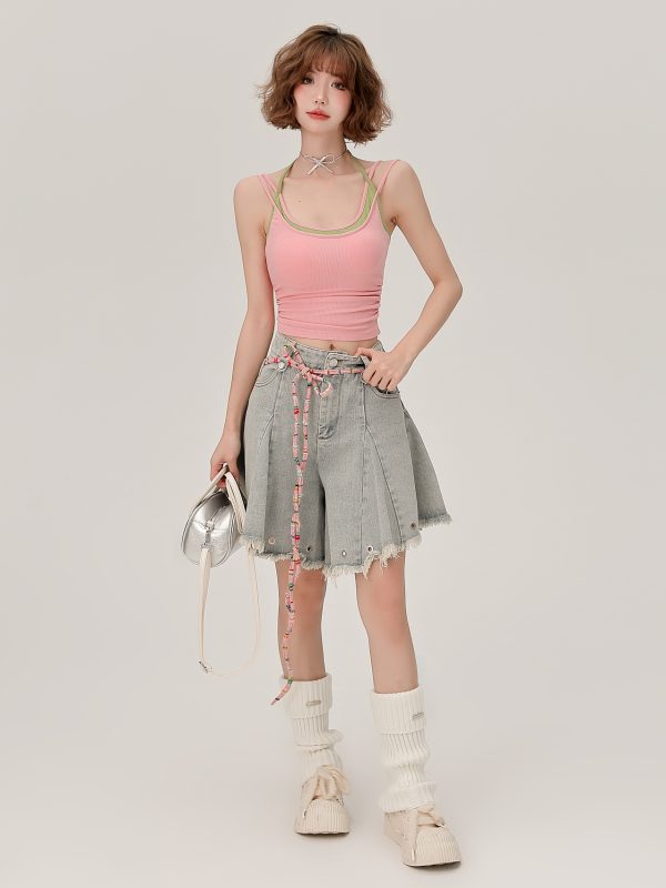 Women's Summer Fake Two-Piece Camisole with Chest Pads, Double Shoulder Straps, Sweet Spicy Inner Outer Wear Top