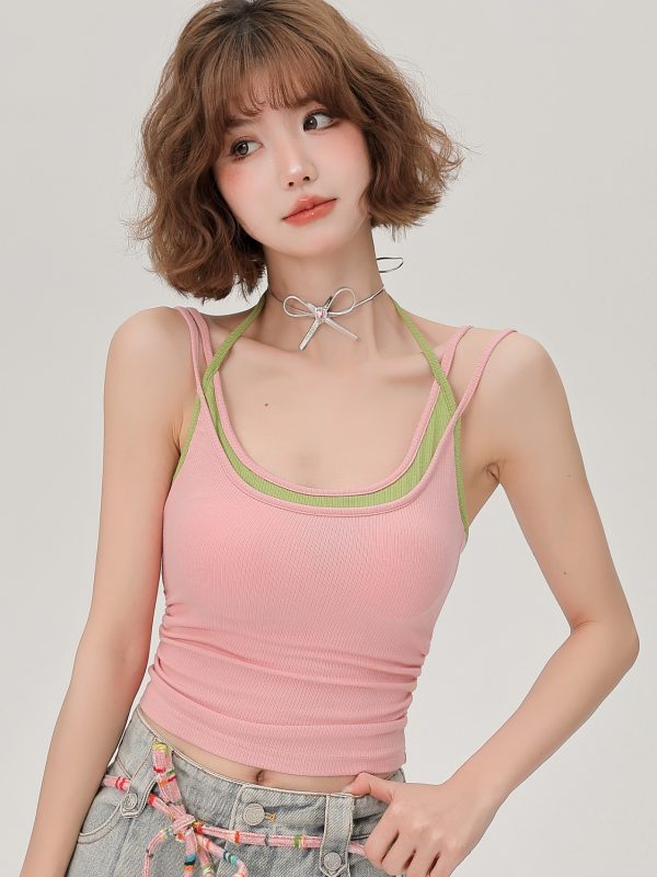 Women's Summer Fake Two-Piece Camisole with Chest Pads, Double Shoulder Straps, Sweet Spicy Inner Outer Wear Top